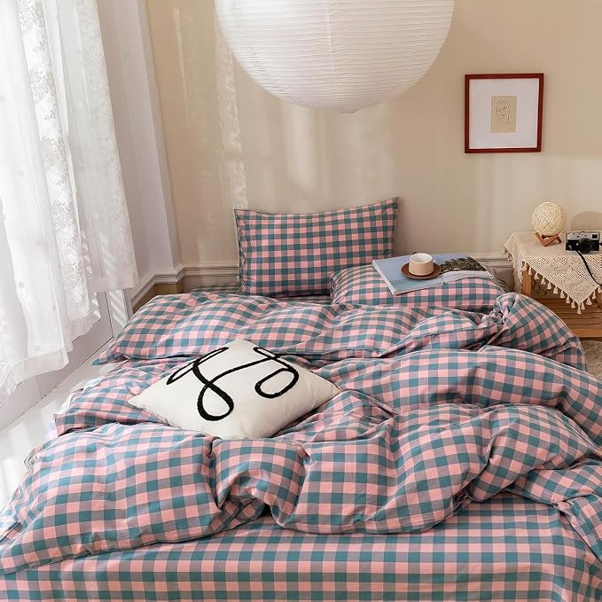 mixinni Plaid Duvet Cover Set Queen Purple - Soft Washed Cotton Modern Geometric Bedding Set with 2 Pillowcases, Pink Blue Gingham Grid Queen Duvet Cover for Men & Women, Soft & Lightweight