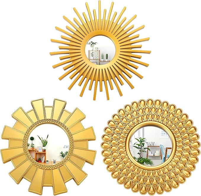 Fourluoo 3 Pack Gold Sunburst Mirrors for Wall Decor Circle Flowers Mirrors Decorative Gold Hanging Wall Art Flowers Mirror for Home Living Dinning Room Bedroom Bathroom Boho Decoration Art(Sunburst)