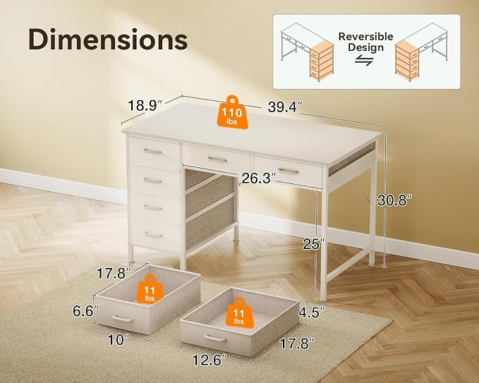 ODK Computer Desk with 6 Drawers, 40 Inch Small Desk with Storage, Reversible Desk for Home Office, Work Study Table for Bedroom, White