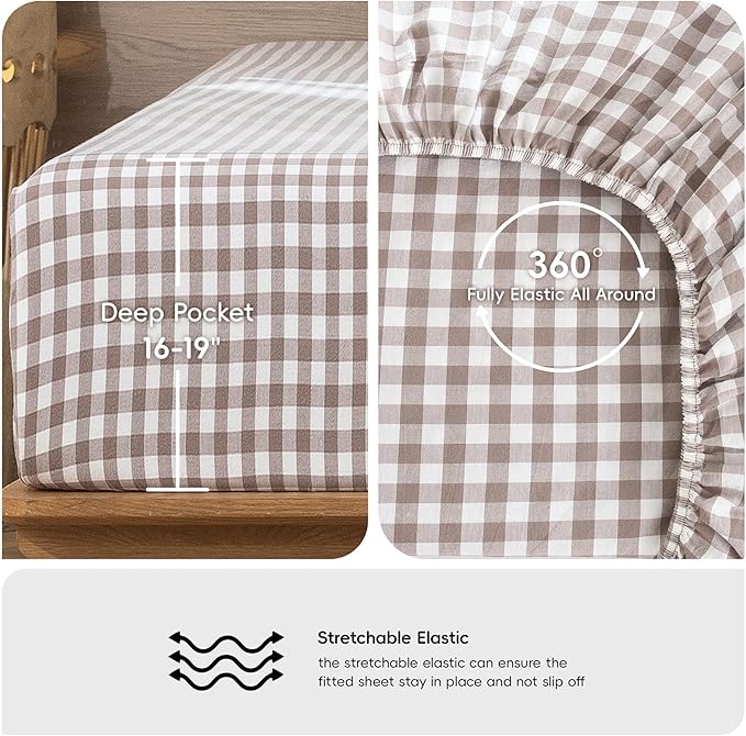 MooMee Gingham Sheet Set 100% Washed Cotton Linen Like Textured Breathable Soft w/Fully Elasticized 16-19" Deep Pocket (Classic Gingham Brown, King)