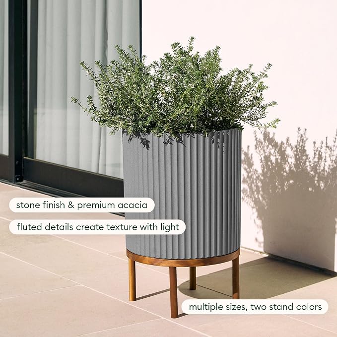Veradek Demi Series Round Planter w/Stand for Porch/Patio | Durable Plastic-Stone Composite & Wooden Stand | Modern Décor for Tall Plants, Flowers