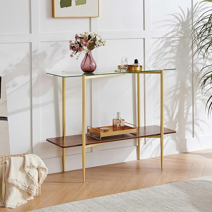 Rectangle Glass Console Table, Mid-Century Modern Design, L41*W14*H32 inch, for Living Room, Clear Glass Top and Walnut Finish Wood Shelf, Conical Metal Legs with Gold Finish