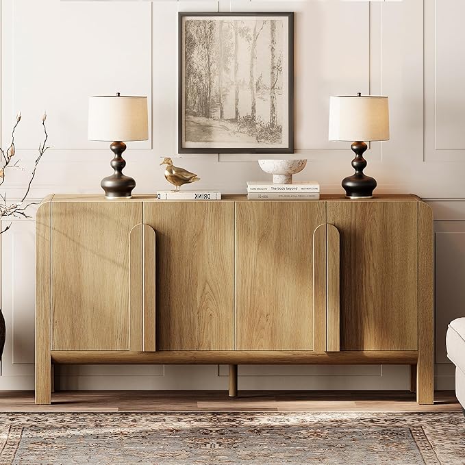 WAMPAT 63" W Large Buffet Sideboard Cabinet with Storages, Modern Buffet Table Coffee Bar Wine Bar Storage Curved Cabinet with 4 Doors for Dining Room, Living Room, Kitchen, Light Walnut