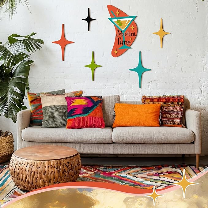 Amyhill 6 Pcs Mid Century Modern Decor Martini Time Mcm Decor Retro Atomic Star Wall Art Sculpture, Wooden Colorful Star Wall Art Elegance Accents for Home Bar Office Room Hanging Decorations