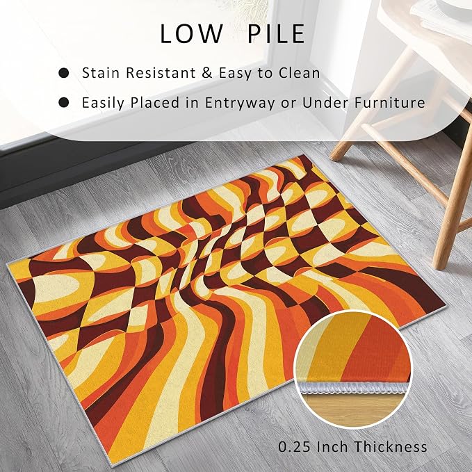 70s Retro Rugs 8x10, Orange Brown Abstract Washable 8 x 10 Area Rug for Living Room, Bedroom, Low Pile Non Slip Stain Resistant Carpet, 70s Orange Home Decor Accessories & M837