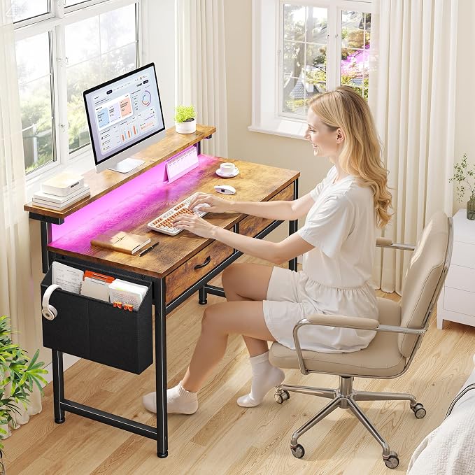 Gaming Desk with LED Lights with 2 Drawers, 31 Inch Desk Home Office Desk Computer Desk with Side Pocket & Ergonomic Monitor Stand, Small Space Study Writing Table with Anti-Tip Design, Rustic Brown