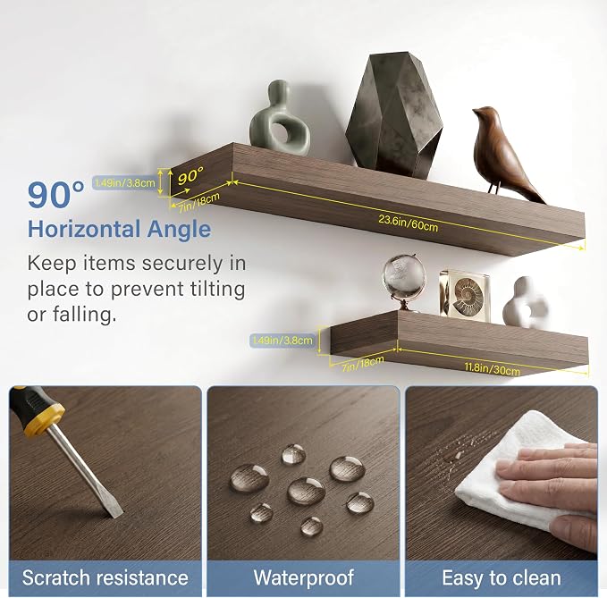 Floating Shelves for Wall, Bathroom Shelves Over Toilet, Wall Shelves & Book Shelf for Room, Hanging Shelf, Modern Wooden Mounted Floating Shelves, 24x7x1.5 in (Smoke Gray, Set of 2)