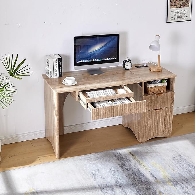 55" Modern Computer Desk with Keyboard Tray, Built-in Power Outlets, Fluted Design, 2-in-1 Main Drawer & Adjustable File Drawer, Office Desk for Home Workspace (Light Oak)