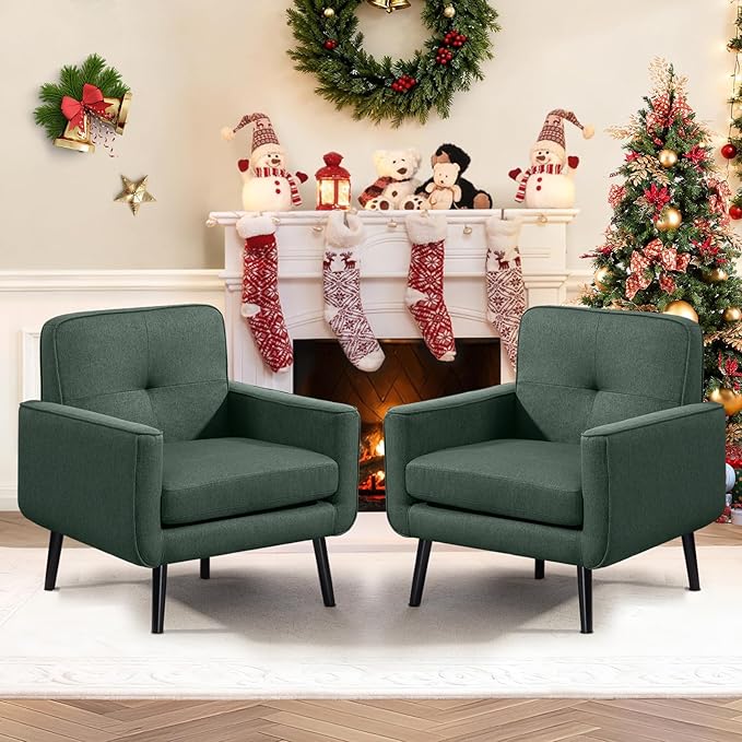 Vogue Furniture Direct Accent Chair Set of 2, Fabric Modern Chair with Wooden Frame, Cozy Armchair Reading Chair with Comfy Back for Apartment, Living Room, Bedroom, Small Space, Corner, Green