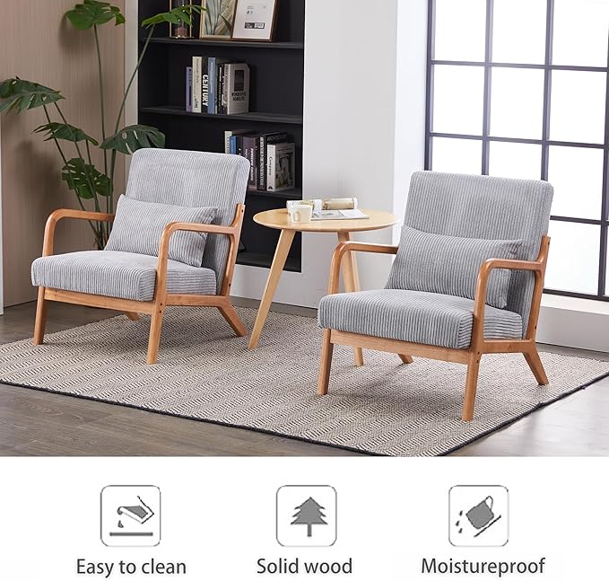 Accent Chairs Set of 2, Mid Century Modern Chair with Pillow, Arm Chair with Solid Wood, Reading Relaxing Leisure Chair for Living Room, Waiting Room, Light Grey