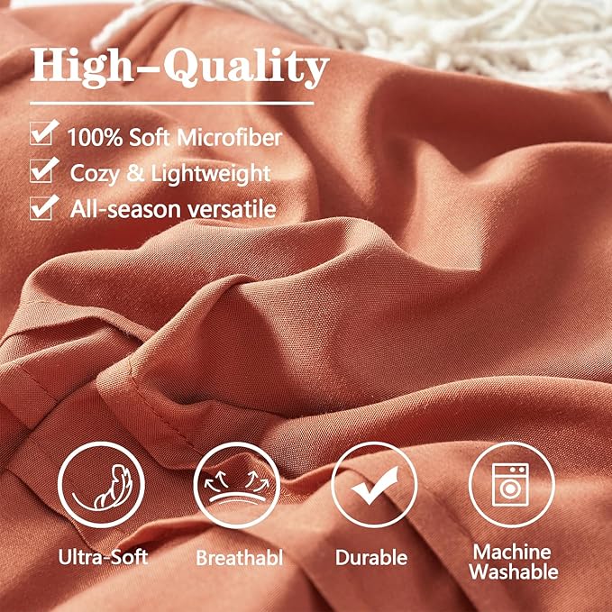 Yogeneg Queen Comforter Set 7 Piece Bed in a Bag,Grid Pinch Pleat Terracotta Bedding Set,Striped Textured Soft Microfiber Comforter with Sheet Set,All Season Complete Bed Set(Terracotta,Queen)