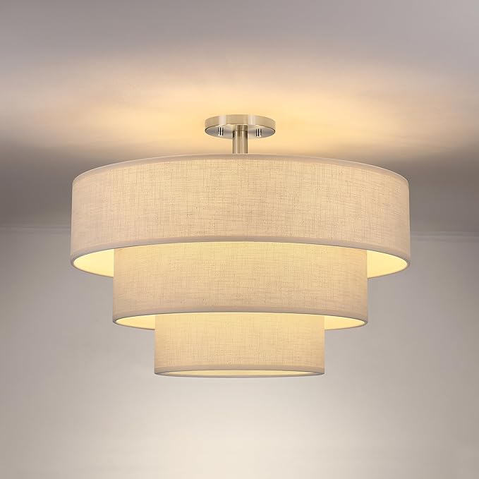 Doraimi Lighting 3 Tier Linen Drum Fabric Semi Flush Mount Light Modern Farmhouse Decor 7 Light 24 Inch Brushed Nickel Finish for Kitchen Living Room Dining Room Corridor Hallway