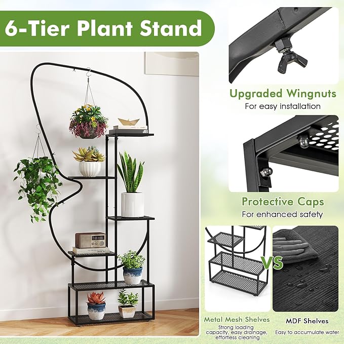 Giantex 2 Pack 6-Tier Plant Stand Indoor, Butterfly-Shaped Metal 73” Tall Ladder Plant Shelf w/ 4 Hanging Hooks, Outdoor Flowerpot Display Rack for Multiple Plants Living Room Balcony Patio Garden