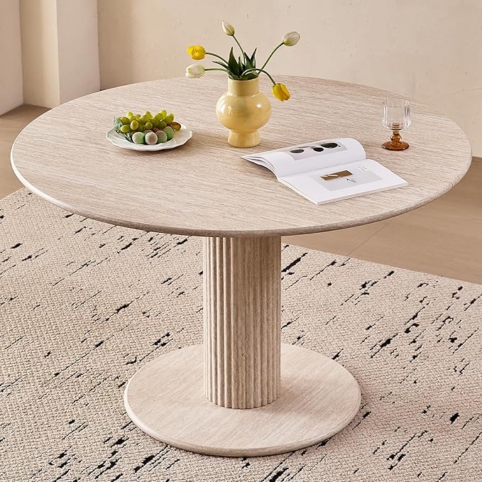 47" Round Dining Table for 4, [Cylinder Pedestal Base] [Stone-Patterned] Modern Circle Dinner Table for Kitchen Dining Living Room, Natual