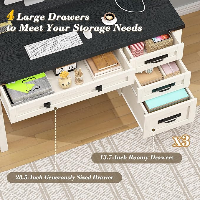 YOMILUVE Farmhouse Computer Desk with Drawers, 47" Small Computer Desk with Power Outlets, Home Office Desk with Monitor Stand & 4 Drawers, Writing Study Table, Black & White
