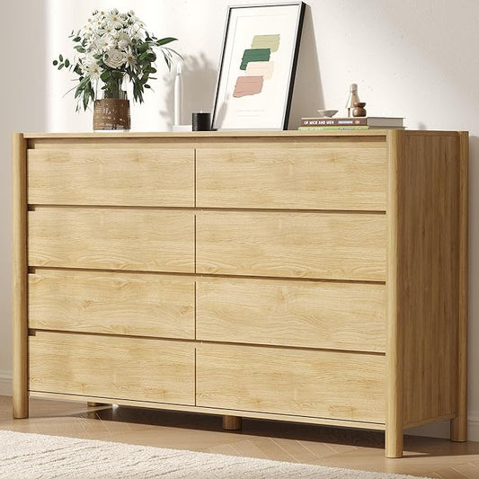 CHUWELL Dresser for Bedroom，55" Wide Mid Century Chest of Drawers with 8 Large Storage Space and 4 Solid Wood Cylindrical Legs,8 Drawer Large Dresser for Bedroom(Oak)