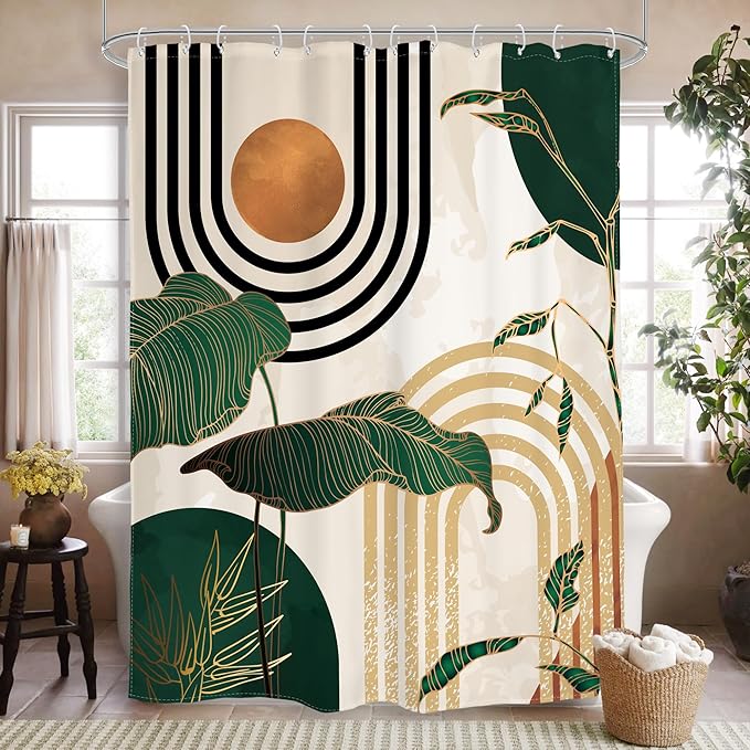 Glawry Boho Green Shower Curtain 54Wx78L Inches Stand Up Stall Mid Century Abstract Tropical Palm Leaf Modern Minimalist Plant Botanical Bathroom Bath Accessories Art Home Decor Fabric 12 Pack Hooks