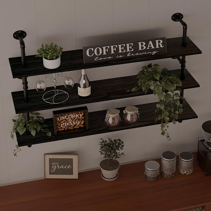 HDDFER Industrial Pipe Shelving Rustic Black Wall Shelves with Wood Planks Industrial Floating Shelves 48 Inch 3 Tier Farmhouse Bookshelf Pipe Shelves Wall Mounted,Open Shelving For living room/office