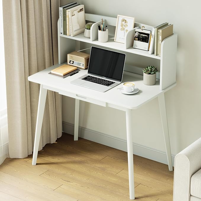 IOTXY Small Writing Desk with Hutch - 39.4" Work Computer Study Table with Drawer for Home and Office, White