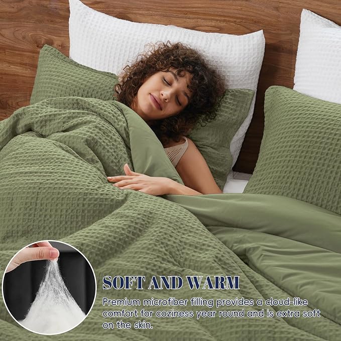 PHF Ultra Soft Waffle Weave Comforter Set Queen Size, 3 Pieces Lightweight Breathable Comfy Bedding Set, Comfy Textured 1 Comforter with 2 Pillow Shams, Olive Green