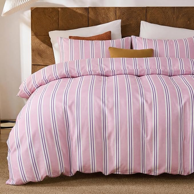 Merryword Striped Duvet Cover Set King Size - 100% Cotton Duvet Cover Set, Purple Ribbon Stripes Pattern Comforter Cover 3 Pieces, Soft Linen Like Bedding Set for All Seasons
