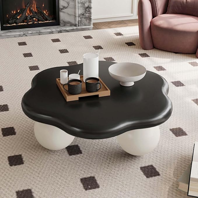 35" Modern Coffee Table Petal Shape Low Center Table Cute Irregular Indoor Tea Table with 3 Ball Legs for Living Room Apartment