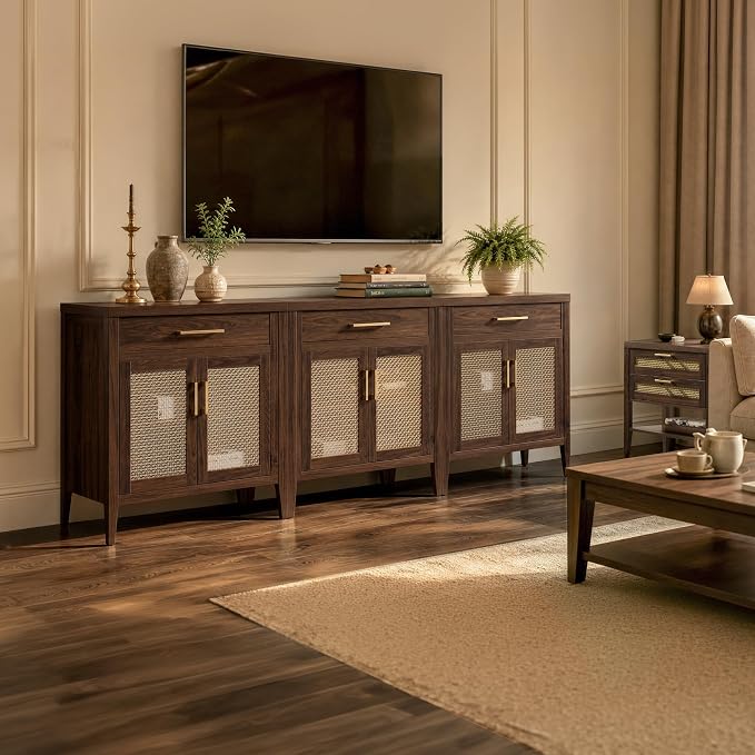 SICOTAS Buffet Cabinet - 90“ Sideboard Cabinet Modern Credenza with Drawers and Metal Mesh Doors, Accent Buffet Table Coffee Bar for Living Room Kitchen Entryway Hallway, Espresso Walnut
