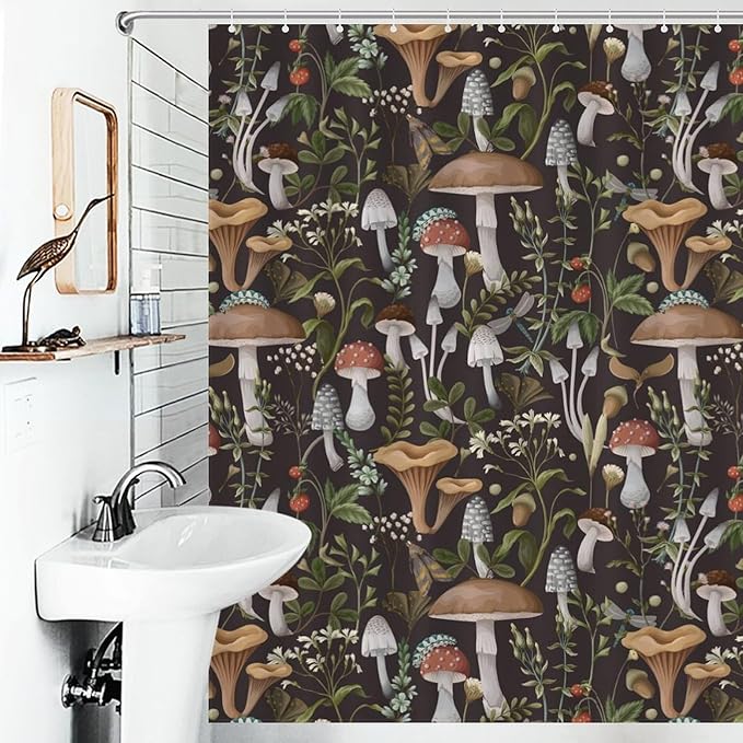 Mushroom Shower Curtain, RFarmhouse Country Wild Floral Botanical Mushroom Cottagecore Nature Plants Leaves Herbs Black Waterproof Fabric Bathroom Shower Curtain Set with Hooks, 72"x72" Inch