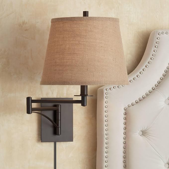 Franklin Iron Works Brinly Farmhouse Rustic Swing Arm Wall Lamp Matte Brown Metal Plug-in 12" Fixture Burlap Hardback Drum Shade for Cottage Core Bedroom Bedside Living Room Hallway Dining House