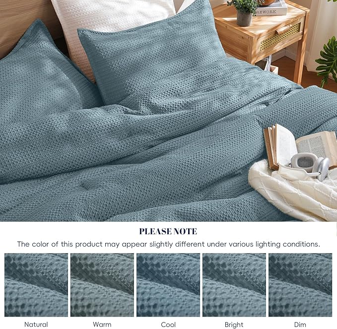 PHF Soft Waffle Comforter Set King Size- Comfy Breathable Waffle Weave Comforter with 2 Pillow Shams, 3 Pieces Less Snagging Lightweight Textured Bedding Set for All Season, Stormy Blue