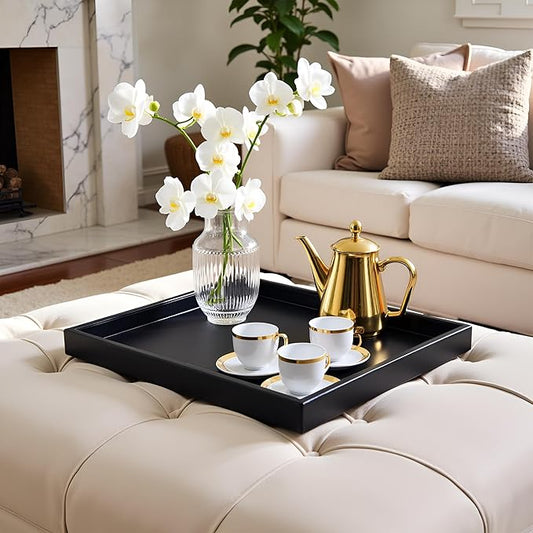 20 x 20 inches Luxury Leather Square Oversized Service Tray, Ottoman & Coffee Tray for Family Dinner, Out-of-House Picnic & Party (Black)