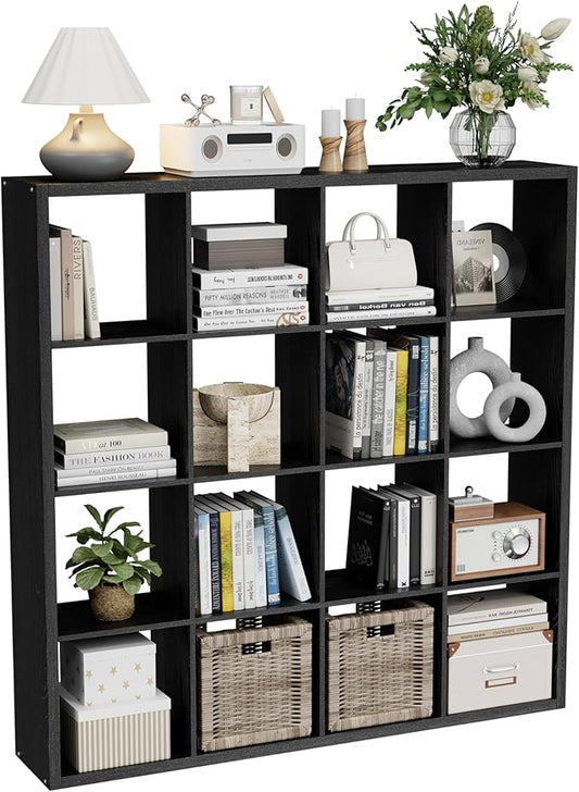 Cube Storage Organizer Bookcase, Decorative 11 inch Open Back Cubical Shelf with Thickened Border, Display Bookshelf for Living Room, Home Office, Sturdy Room (Black, 16 Cube)
