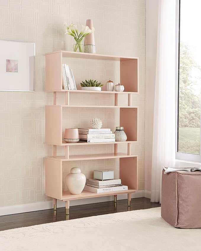 Margo 3 Tier Bookshelf, Mid Century Bookcase for Living Room, Bedroom Furniture & Home Office, Solid Wood Storage Shelves with Gold Legs, 59.5" Tall Modern Book Shelf, Pink