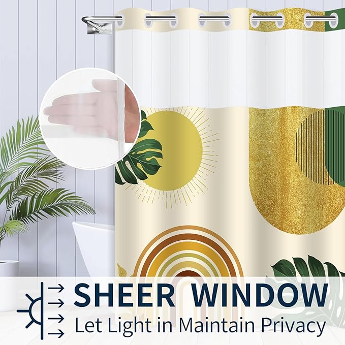 No Hook Shower Curtain and Liner Set Minimalist Boho Bathroom Decor,Yellow Mid Century Modern,Shower Curtain with Window and White Lining is Detachable,71x74inch
