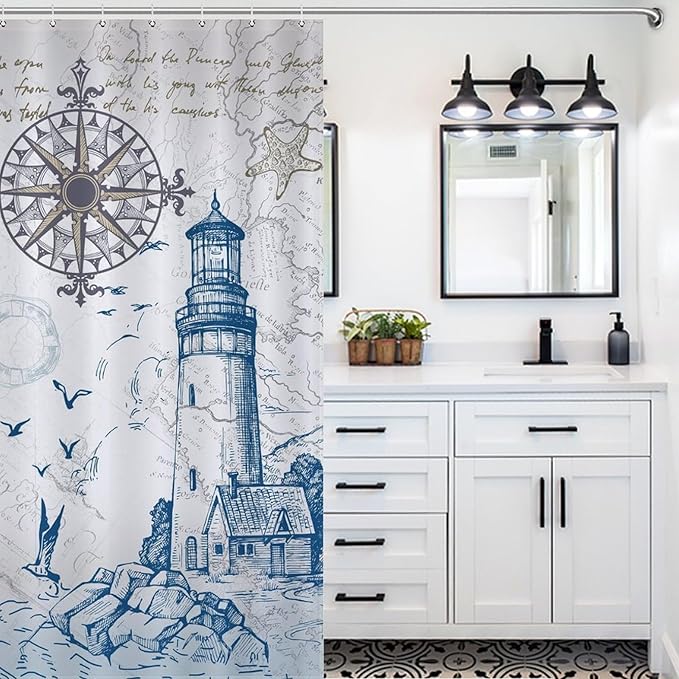 Ocean Nautical Shower Curtains,Sailboat Compass Hand Painted Navigation Vintage Nautical Elements Bathroom Decor Polyester Fabric Waterproof Bathroom Curtain with Hooks,72x78Inch