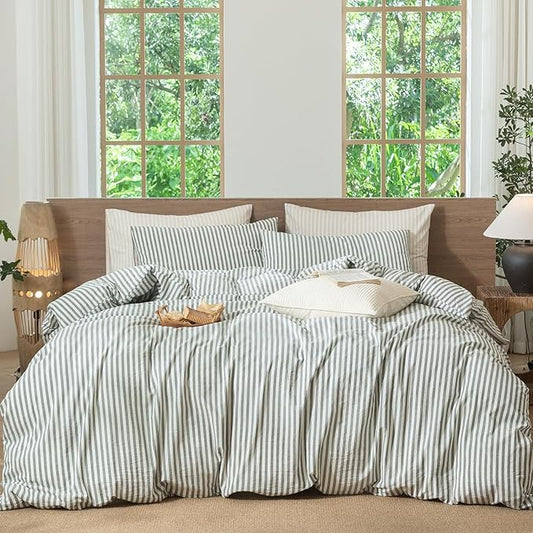 MooMee Striped Duvet Cover Set 100% Washed Cotton Linen Like Textured Breathable Durable Soft Comfy (Heathered Green Classic Stripes, Oversized King Plus 128"x120")