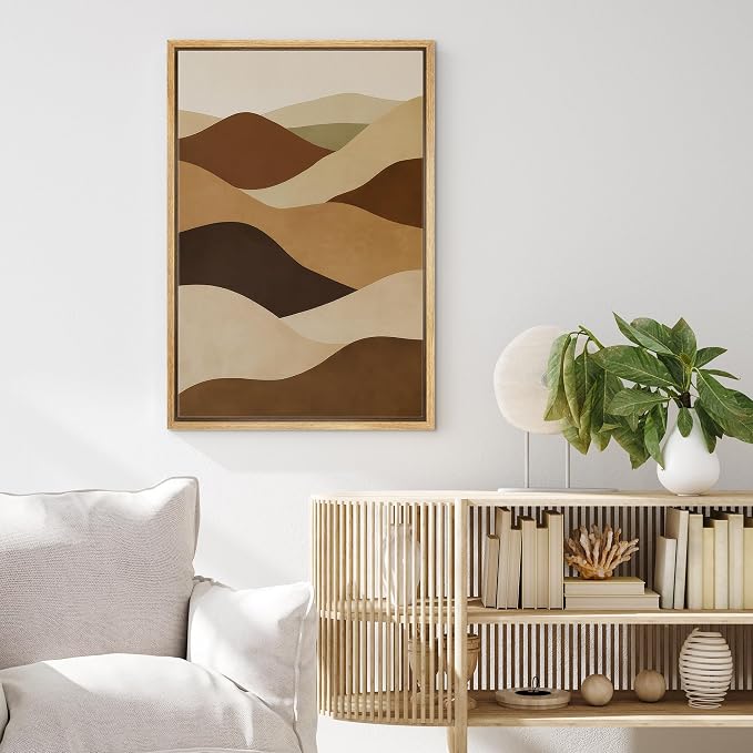 MUDECOR Framed Canvas Print Wall Art Layered Desert Hills Abstract Landscape Illustrations Fine Art Mid-Century Modern Multicolor for Living Room, Bedroom, Office - 24"x36" NATURAL