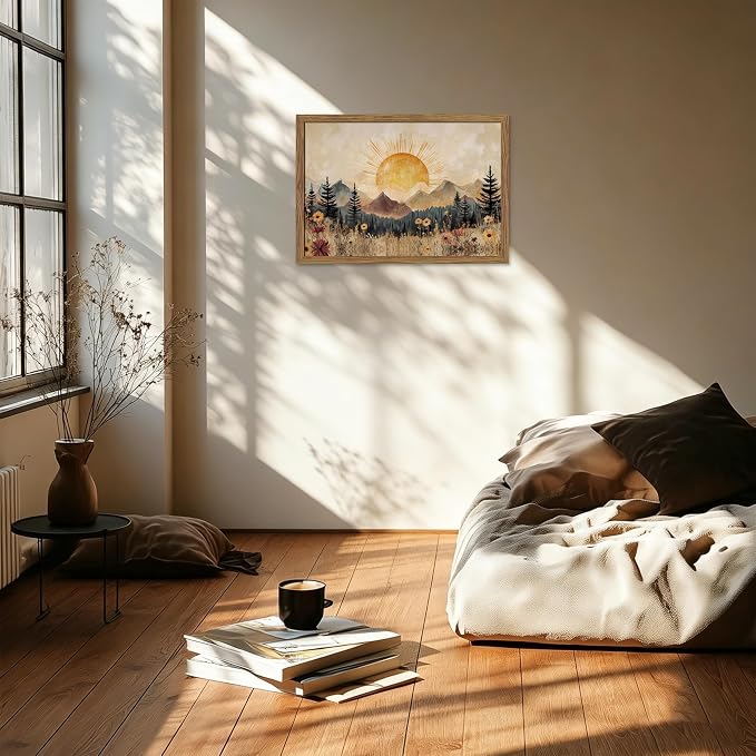 Framed Vintage Sunrise Mountain Landscape Wall Art, Golden Sunburst Meadow Forest Canvas Print, Retro Wildflower Nature Artwork, Rustic Boho Wall Decor for Living Room Bedroom Office 16x24in