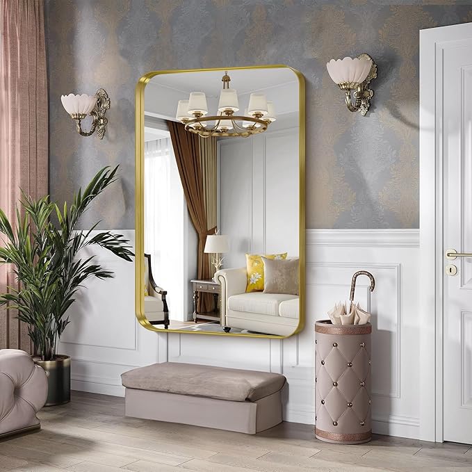 CIRCUMI Gold Bathroom Mirror, 36"x55" Rectangular Mirror with Deep Metal Frame, Rounded Corner, Tempered Glass, Large Mirror for Wall, Over 2 Sinks, Installed Vertically/Horizontally, Crystal-Clear