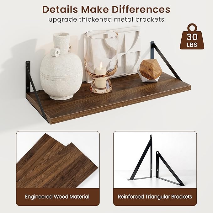Axeman Deep Floating Shelves | 24 Inch Walnut Wall Shelves Set of 2 | 10 Inch Deep Wood Floating Shelves for Wall | 24" W x 10" D Walnut Shelves for Living Room Bathroom Kitchen