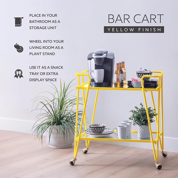 Linon Gina Yellow Mid Century Bar Cart with Mirrored Shelves