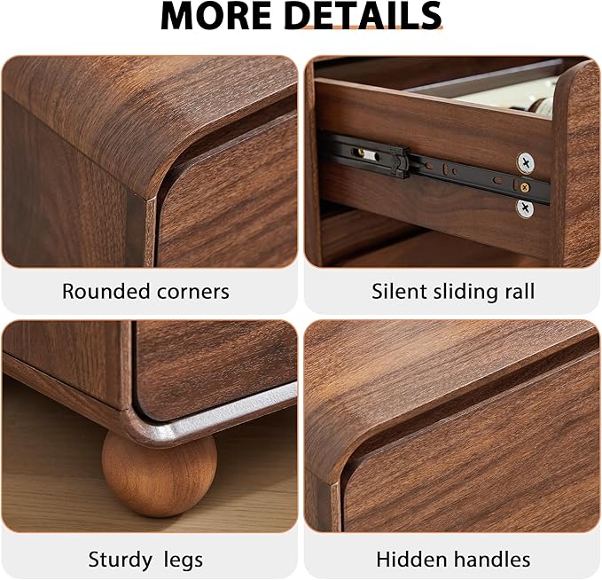 AVZEAR Set of 2 Modern 3 Drawer Dresser for Bedroom, Wooden Dresser Chest of Drawers, Handle Free & Curved Profile Design, Mid Century 3 Drawer Nightstand for Living Room, Walnut