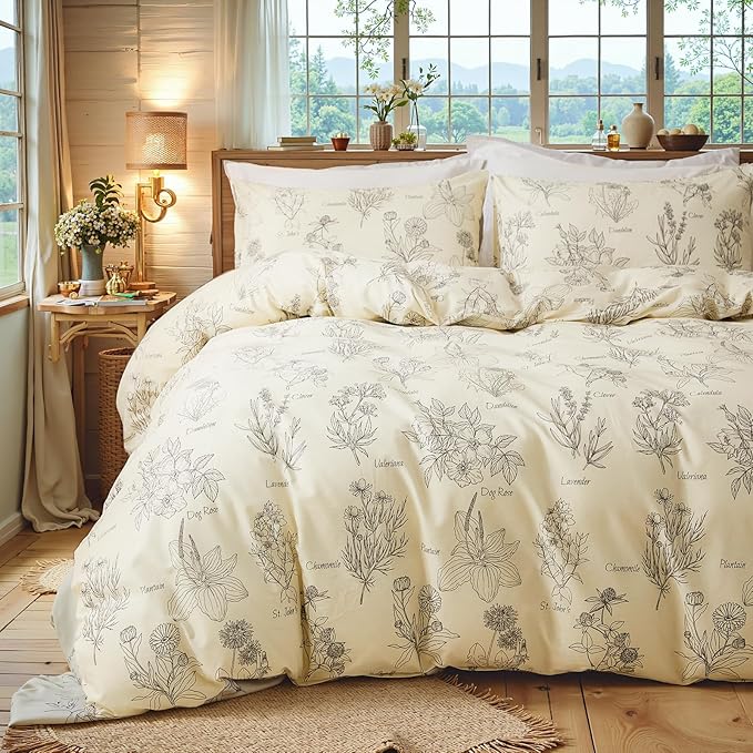 Cozeline 100% Cotton Duvet Cover Queen Size, Vintage Design with Luxrious Black Sketched Flowers & Leaves on Cream, 3 Pcs Breathable and Soft Duvet Cover for All Season
