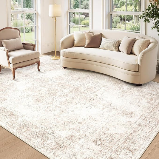 Area Rug 5x7 Vintage Rug: Washable Indoor Medallion Rugs Low Pile Distressed Floor Carpet Retro Accent Rug for Living Room Bedroom Kitchen Dining Table Home Office(Retro Beige, 5'x7')