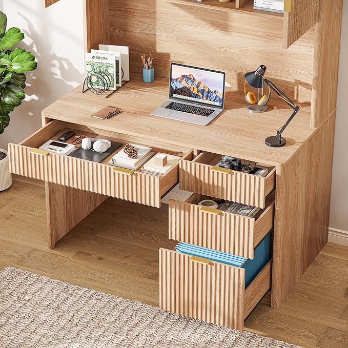 Vabches 67" H Executive Desk with Fluted Drawers,4 Drawers Fluted Computer Desk,Wood Workstation with Hutch and Barn Doors for Work and Study,Oak