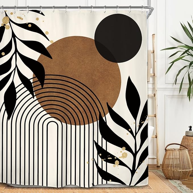Miyotaa Abstract Minimalist Brown Black Shower Curtain Set 60Wx71H Inches Modern Aesthetic Contemporary Plant Leaves Neutral Geometric Mid Century Waterproof Bathroom Curtain with 12 Hooks
