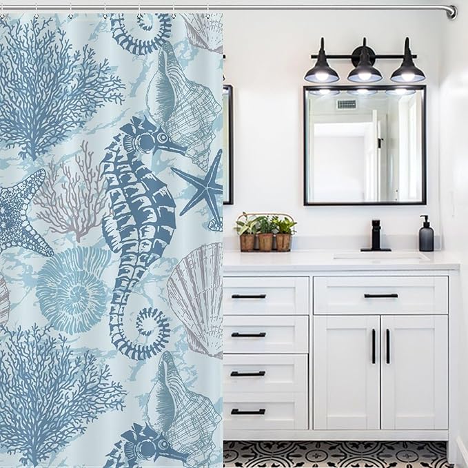 Nautical Coastal Shower Curtains,Ocean Summer Beach Seahorse Starfish Undersea Animals Theme Bathroom Curtain Waterproof Fabric Machine Washable with Hook,72x78Inch