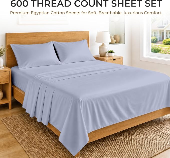 SGI Split King Sheet Set for Adjustable Bed Egyptian Premium Cotton 600 Thread Count Sheets for Sleep Number Bed 15" Deep Pocket 5 Pc Set with 2 Twin XL Fitted Sheets Soft Breathable - Cornflower Blue