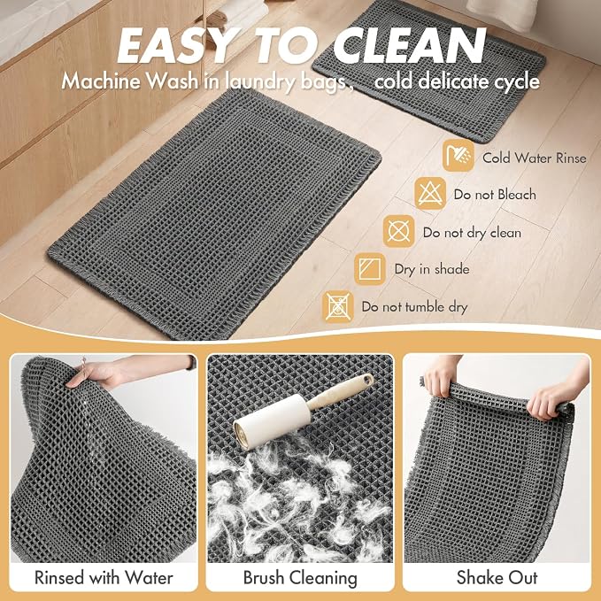 MIULEE Set of 2 Waffle Bathroom Rugs, Boho Bath Rug Super Absorbent, Non Slip Washable Ultra Soft Rubber Backed Shower Bath Mats for Floor, Tub, Shower, Looped Design, Dark Grey, 17x24 Inch
