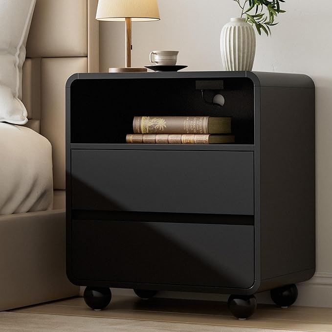 Lulive Wood Night Stand with Drawers, Modern Bedside End Table with Charging Station, Curved Profile Design Storage Nightstand for Bedroom, Black